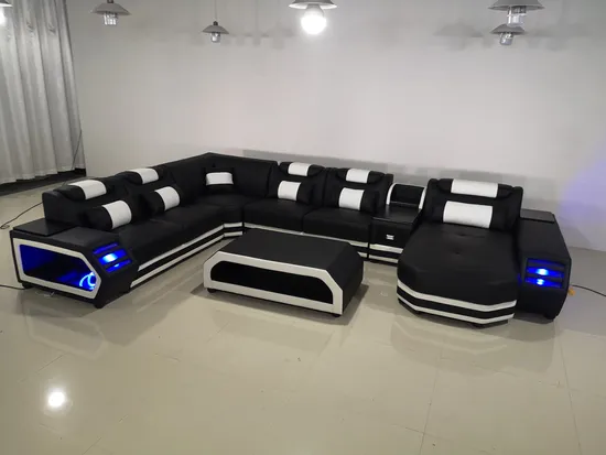 Sofá secional de couro genuíno de lazer com design europeu moderno LED funcional