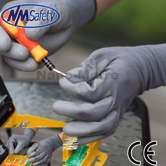 Luva revestida de PU de segurança de trabalho manual com palma de poliéster cinza Nmsafety